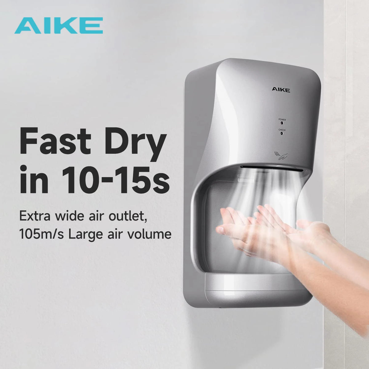 AIKE Automatic Hands Dryer with Drip Tray Wall Mounted High Speed Drying Machine 10-15s Quick Dry Hands Model AK2632 1400-1650W - Stereotech