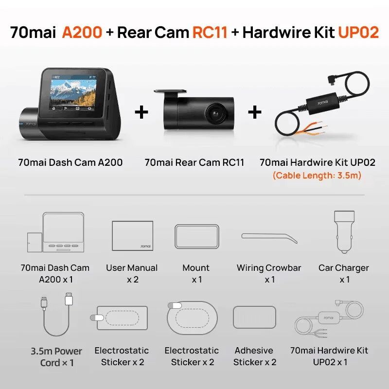 Global 70mai Dash Cam A200 Dual-channel Record 1080P HDR 2&#39;&#39; IPS Screen 24H Parking Monitor 70mai Car DVR A200 WIFI APP 130° FOV