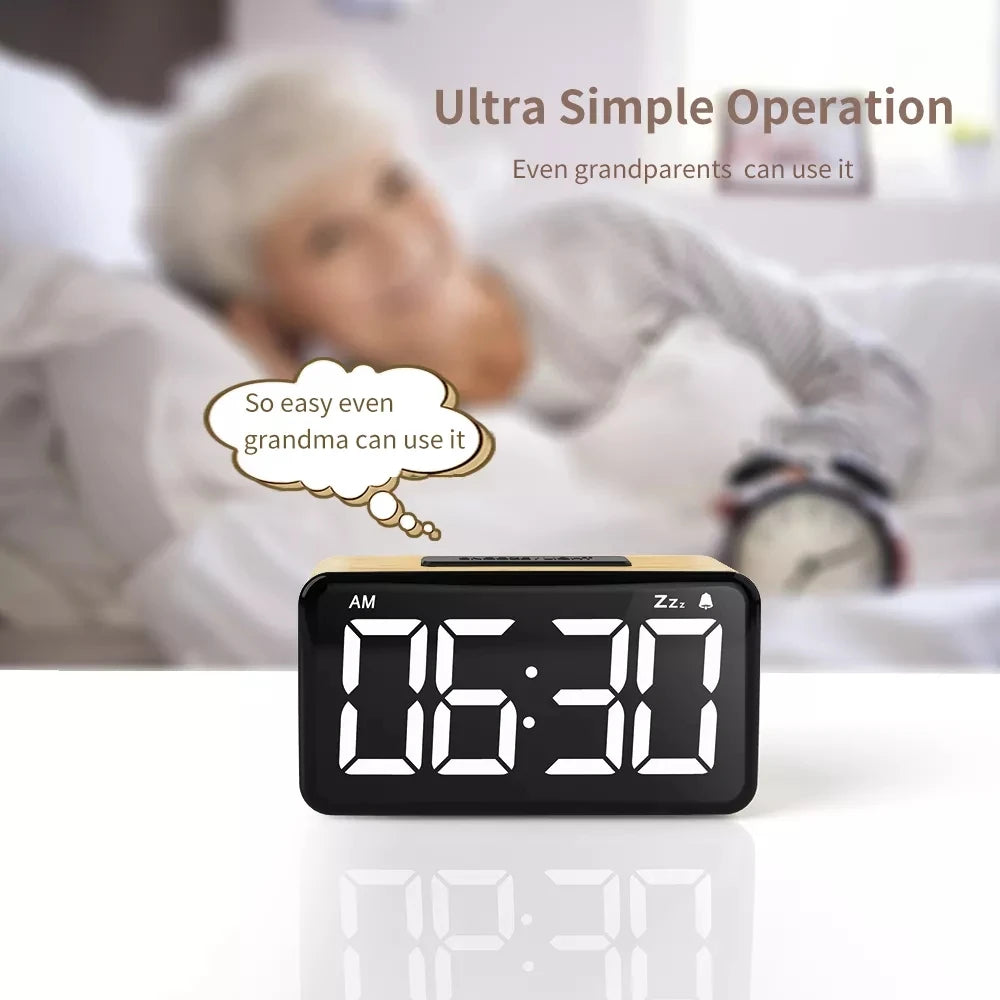 Modern LED Digital Clock Wooden Alarm Clock Snooze Display Time Electronic Desk Table Clock Home Office Desktop Alarm Clock