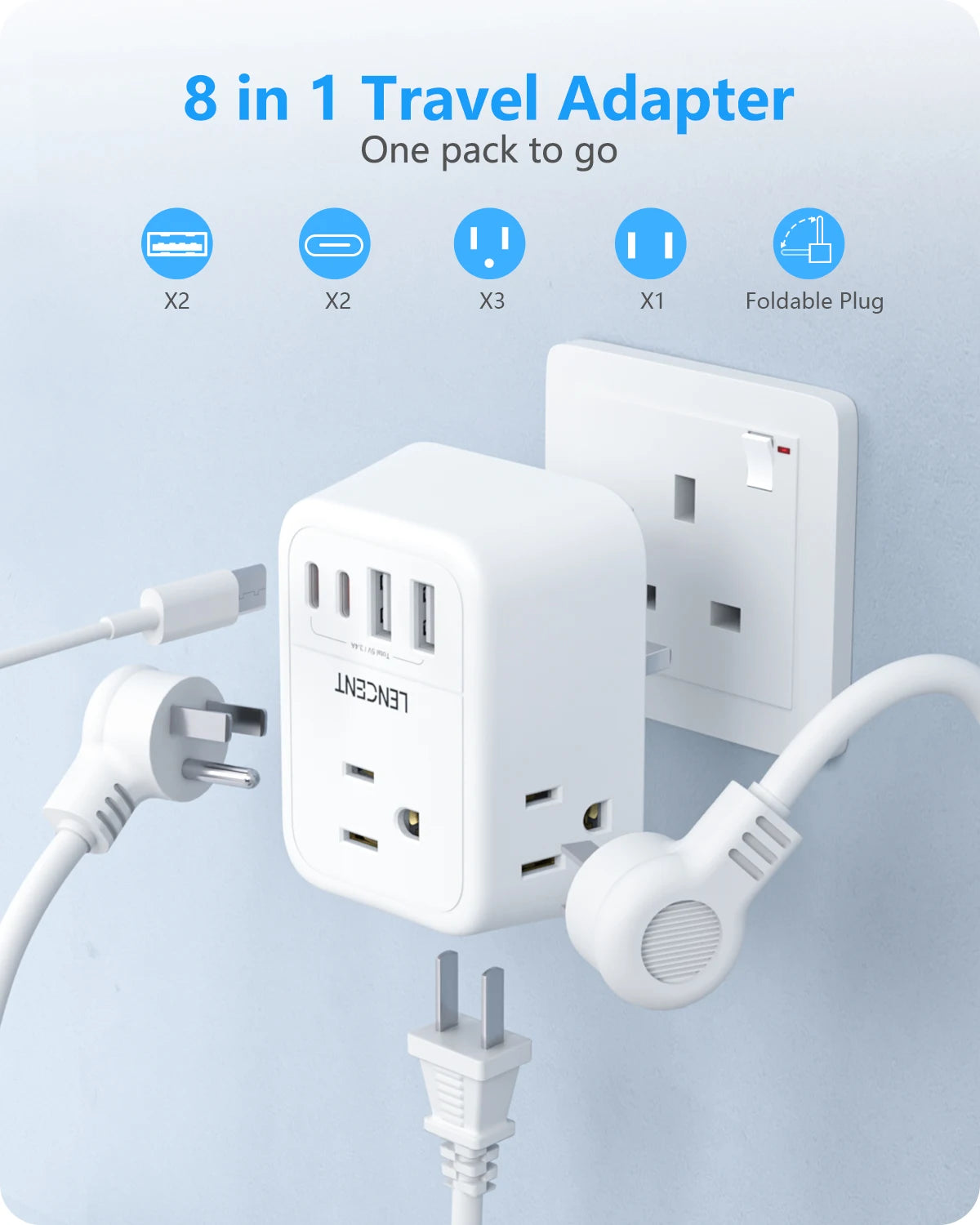LENCENT US to UK Travel Plug Adapter International Type G  Foldable Power Plug with 4 Outlets+2USB-A+2USB-C  5V/3A Power Adaptor