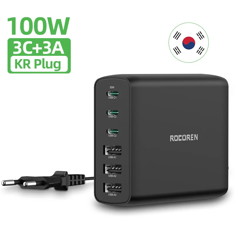Rocoren 100W GaN Charger USB Type C  PD Fast Charger Quick Charge 4.0 3.0 Multiple Desktop Charging Station For iPhone 15 Xiaomi