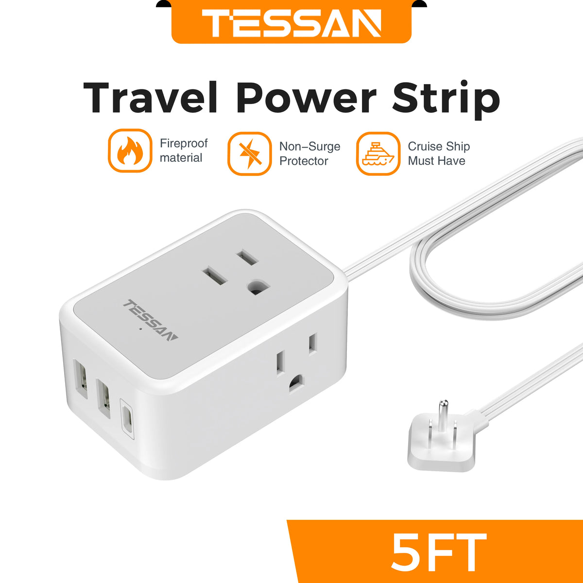 TESSAN Ultra Thin Extension Cord Power Strip with 3 USB 4 AC Adapter Mini Charging Station for Cruise Travel Office School