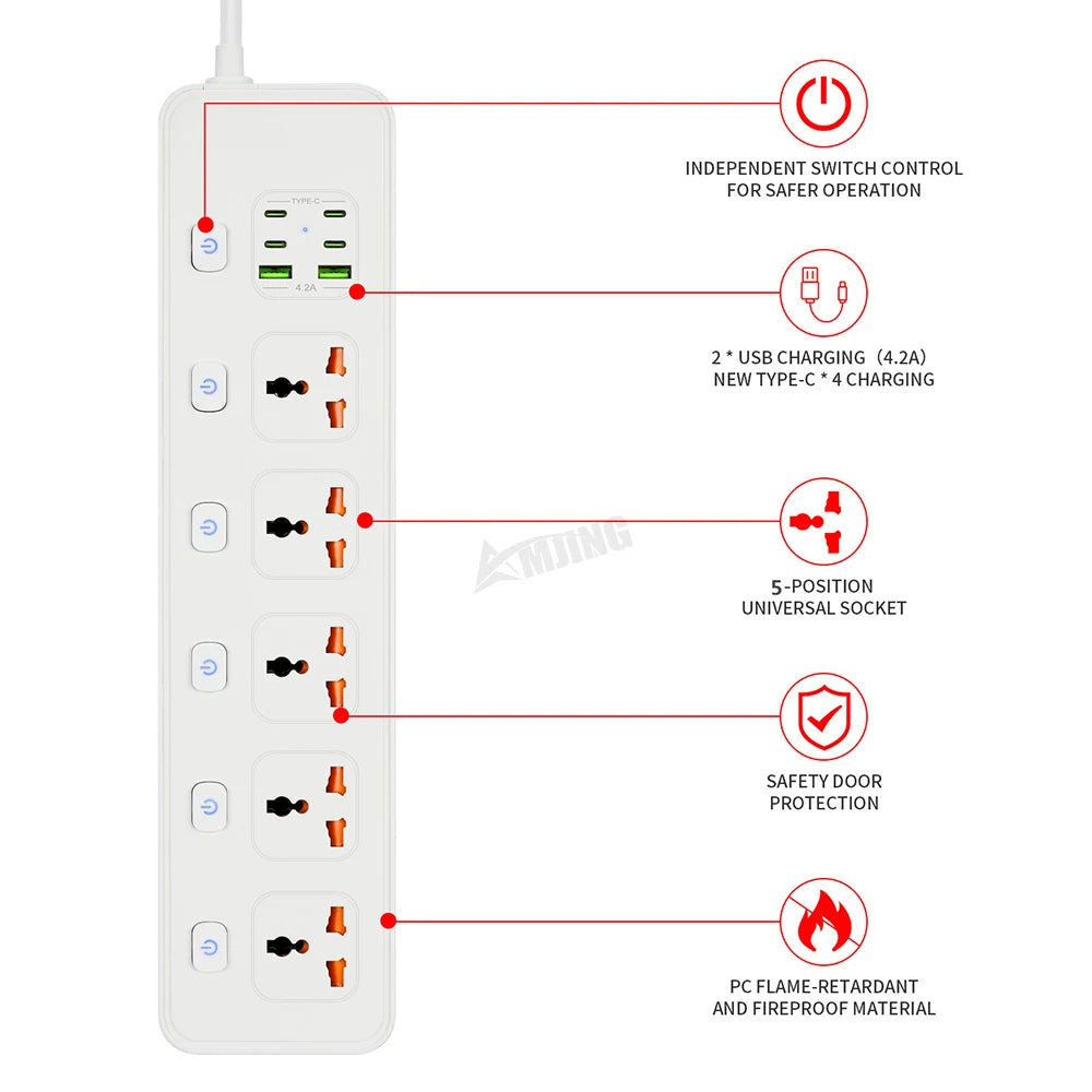 Universal Multi Outlet Strip Extension Power Strip UK To EU Plug Adapter 13A 250V 3250W High Capacity Socket 2M Cable Line Board