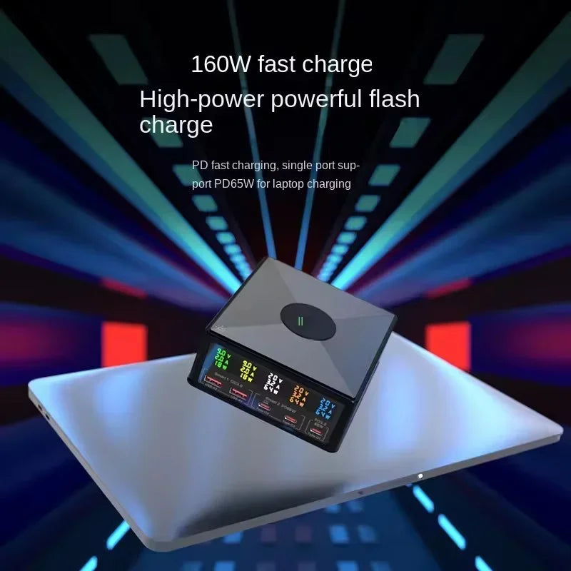 160W 5 Ports GaN USB C Charger Station 15W Wireless Charging PD 65W QC3.0 Type C Fast Charger for iPhone Macbook Samsung Laptop