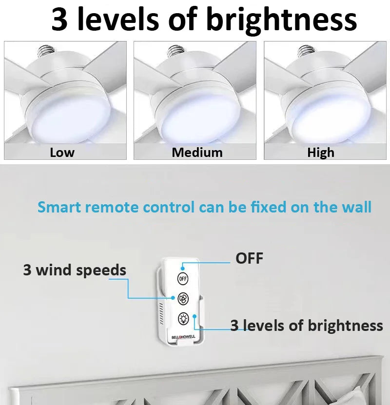 30W Ceiling Fan Led Light E27 Socket Fan With Smart Remote Control 1000Lm 5000K Bulb Fan Lamp For Bedroom Living Room - Stereotech