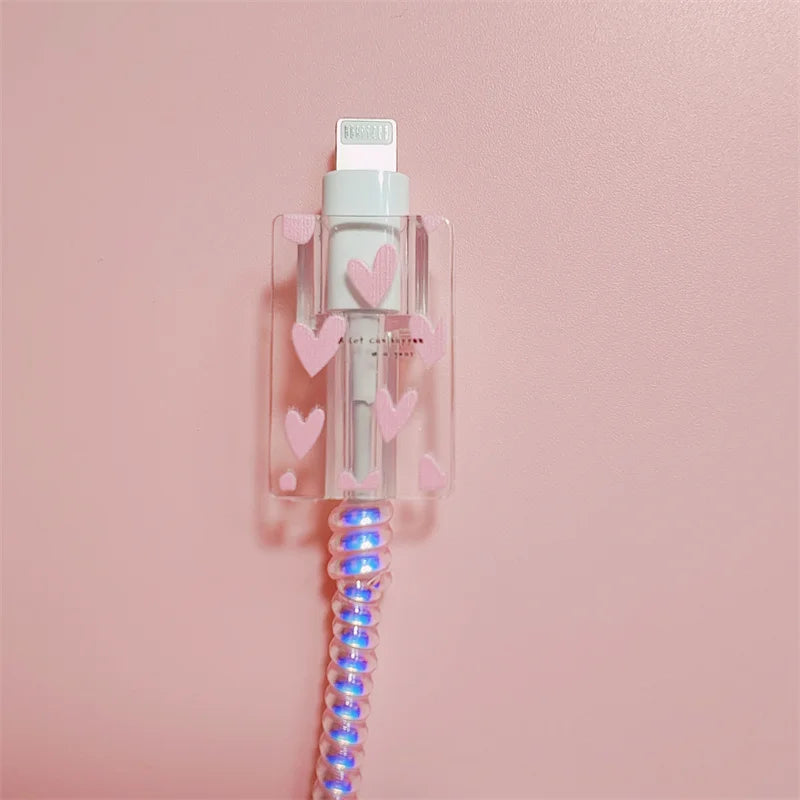 Pink Girls&#39; Heart Charger Protective Case For iphone US 20W Fast Charger Protection Box Cover Data Line Winder Spiral Protective - Stereotech