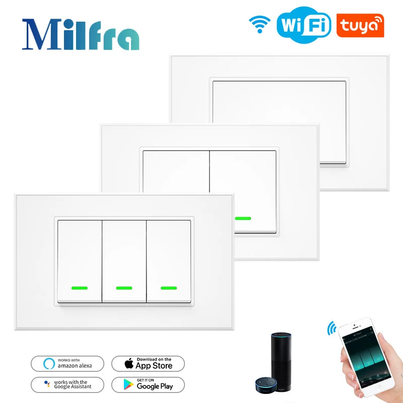 Milfra Smart Wifi Switch Neutral Wire Optional Intelligent Wall Button Light Switches AC100-240V Tuya APP Voice Control by Alexa - Stereotech