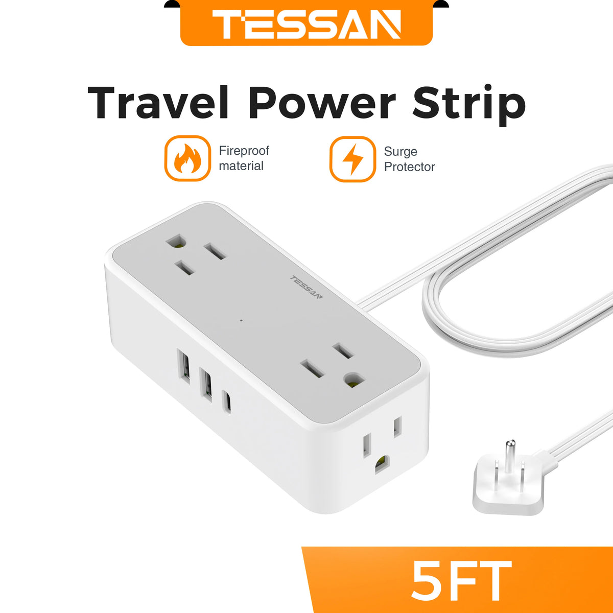TESSAN Ultra Thin Extension Cord Power Strip with 3 USB 4 AC Adapter Mini Charging Station for Cruise Travel Office School