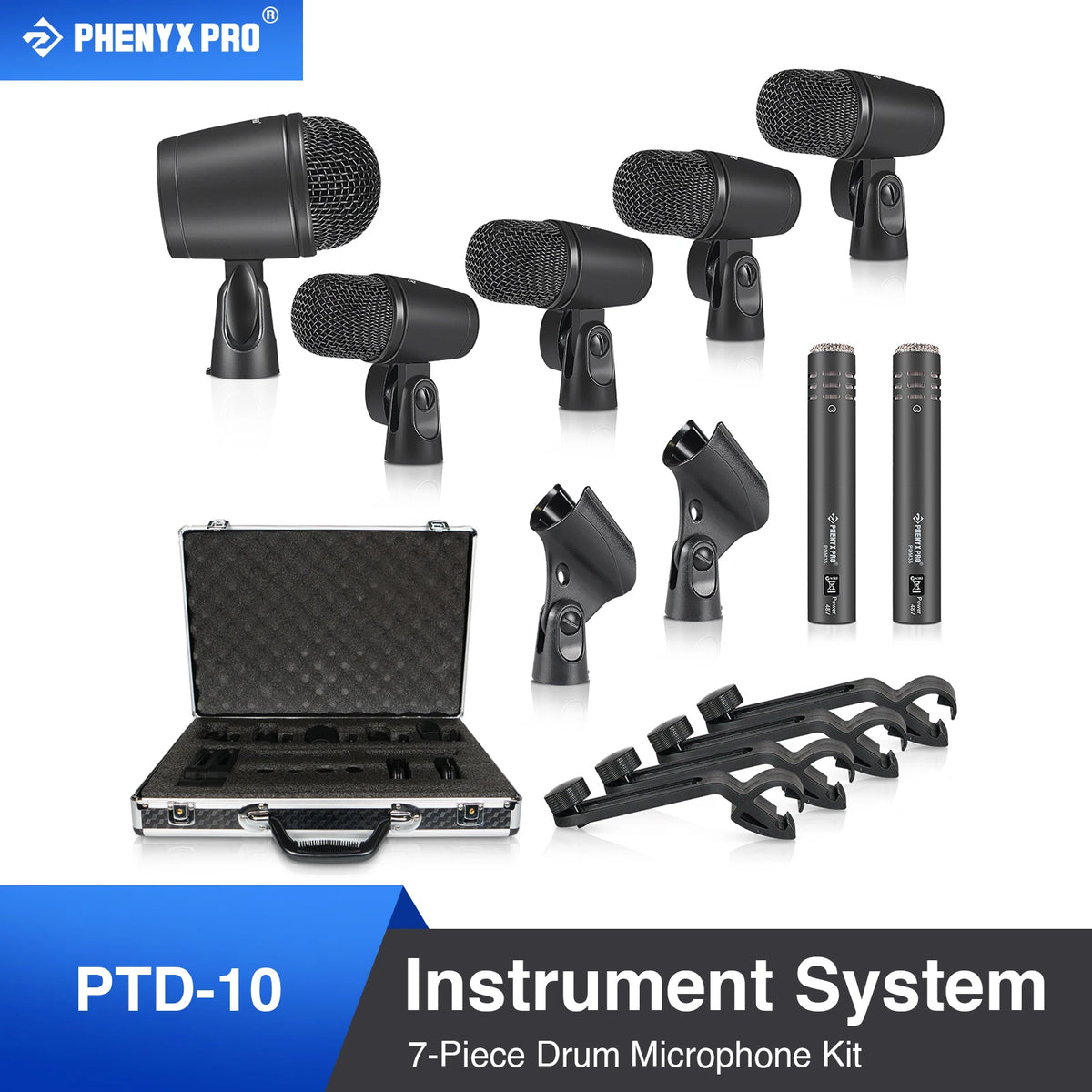 Phenyx Pro 7-Piece Drum Instrument Microphone Kit, All Metal Wired Wire microphone instrumentfor Bass/Tom/Snare/Hi-hat Cymbals