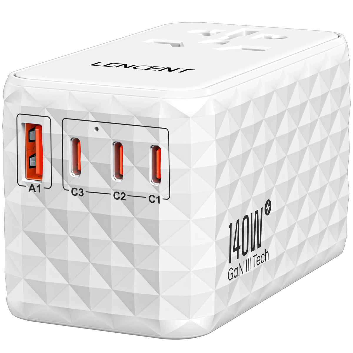 LENCENT 140W GaN Universal Travel Adapter with 1USB-A Ports 3 Type C Fast Charging Power Adapter EU/UK/USA/AUS Plug for Travel