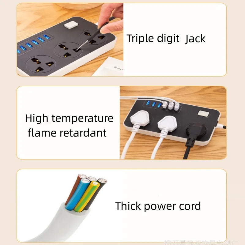 Power Multi Tap Universal Plug EU US UK Outlet Power Strip with 2 m Extension Cord AC Type C USB Port Charge Electrical Socket