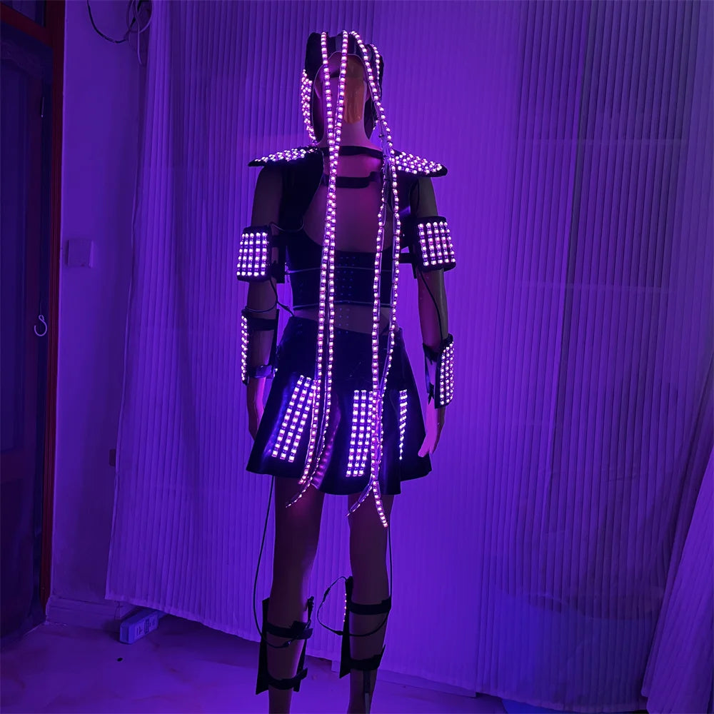 Cool RGB Led Women&#39;s Costume Light Up Wedding Dress Party Skirt DJ Sexy Bra Shoulder Underdress Performance Mask With Long Hairs