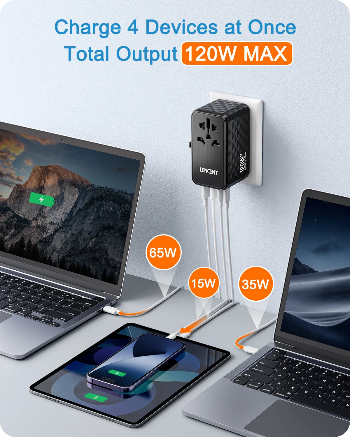 LENCENT 120W/100W/65W GaN Universal Travel Adapter with1 USB-A+3 Type-C PD3.0 Fast Charger EU/UK/USA/AUS plug for Travel