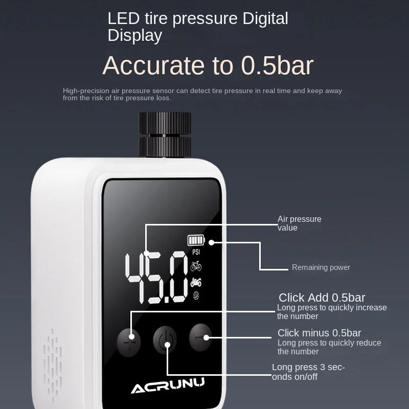 ACRUNU Bike Pump Electric Portable Bicy 120 PSI Mini Tire Pump with Digital PSI Pressure Gauge Tire Inflator Bike Air Pump
