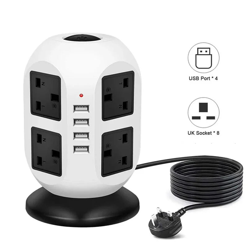 Melery Tower Power Strip, Vertical UK Plug Adapter, Outlets AC, Multi Electrical Sockets, USB Surge Protector, 3M Extension Cord