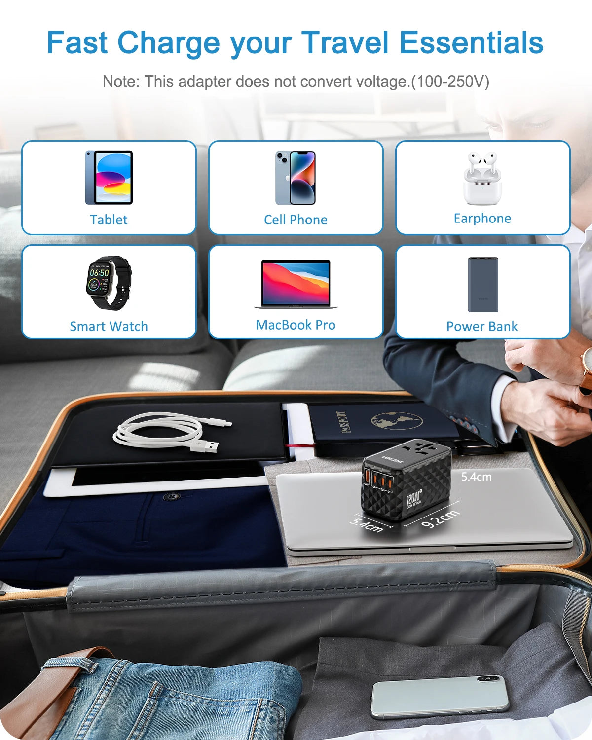LENCENT 120W/100W/65W GaN Universal Travel Adapter with1 USB-A+3 Type-C PD3.0 Fast Charger EU/UK/USA/AUS plug for Travel