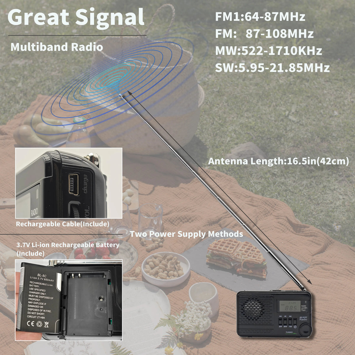 SY-1192 AM FM SW 3-Band Transistor Pocket Radio Battery Operate   Support USB/TF Card Headphone Jack Timer Alarm Clock(Black)
