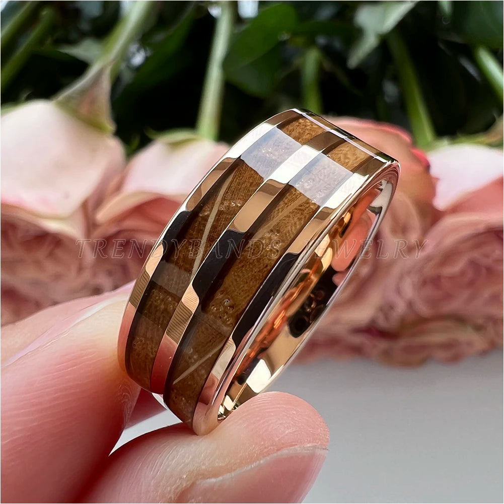 8mm Men&#39;s Women&#39;s Ring Tungsten Wedding Band Couple&#39;s Fashion Jewelry Whisky Barrel Wood Inlay Polished Shiny Comfort Fit
