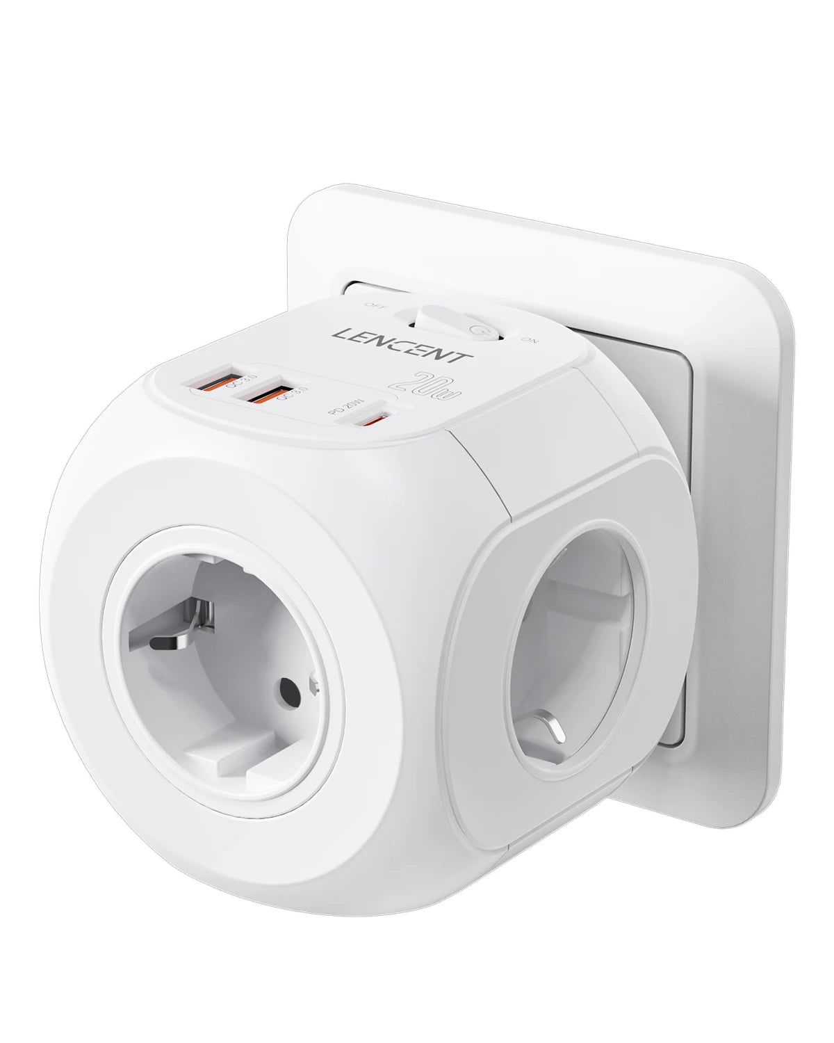 LENCENT EU Plug  Wall Socket Extender with 4 AC Outlets+3 USB +1 Type C 5V/3A Charger Adapter 8-in-1 Socket On/Off Switch