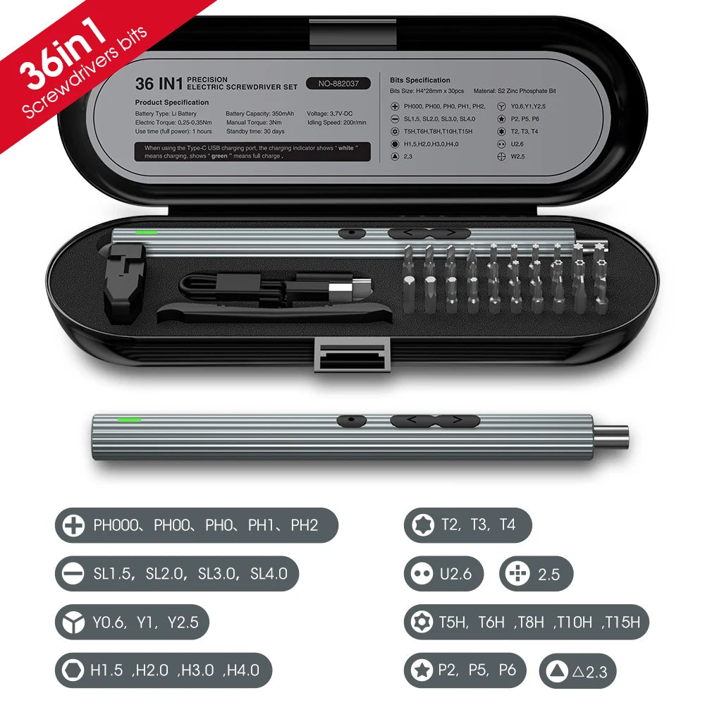 Precision Electric Screwdriver Set 36 in 1 Power Tools Rechargeable Magnetic Mini Small Bits for Xiaomi Mobile Cell Phone Repair