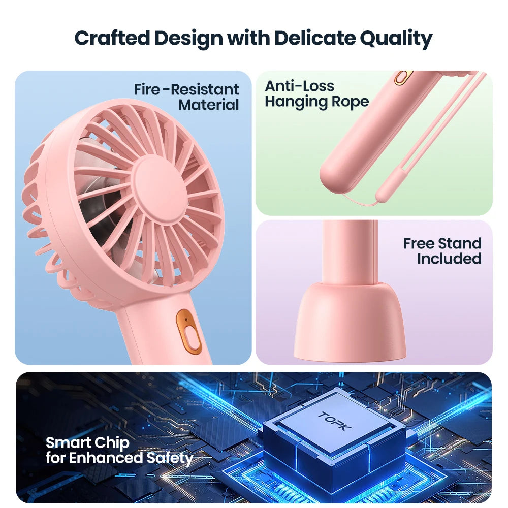 TOPK Mini Portable Fans Handheld USB Rechargeable Fan Mini Desktop Air Cooler Outdoor Fan Cooling Hand Fans Ventilation Fan - Stereotech
