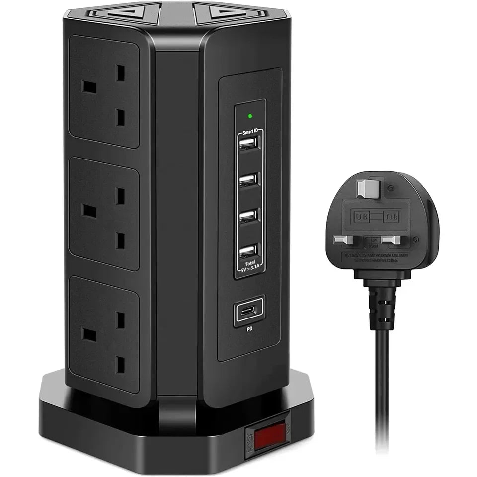 Melery UK Tower Power Strip Surge Protector Plug Outlets Vertical Socket USB Charge Port Type C 1.8m Extenstion Cord Home Office