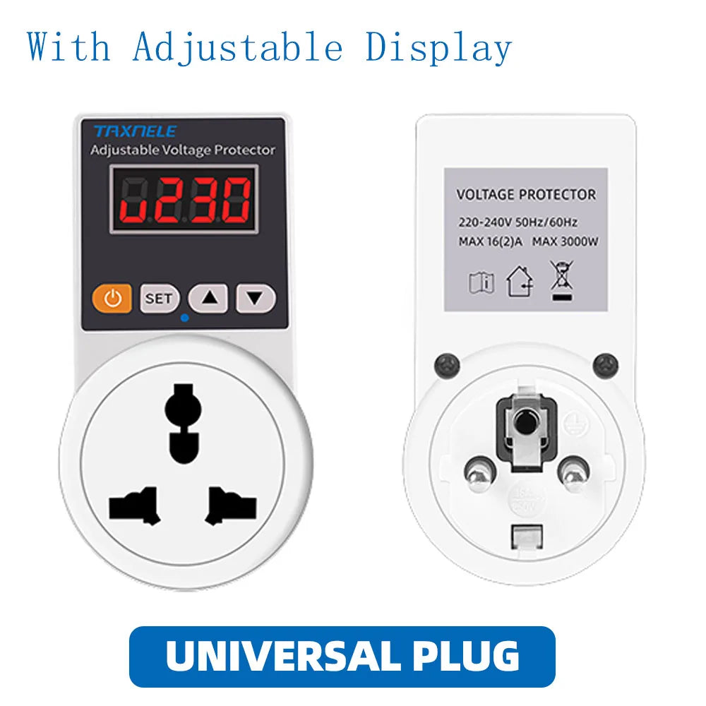 Voltage Protector Socket Automatic Universal/US/EU/UK Plug AC 220V 16A Adjustable Power Surge Voltage Safe Protector