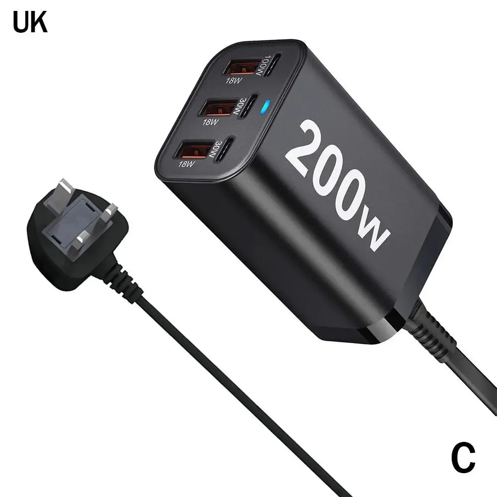 200w 6 Port Usb C Fast Gan Charger Multi-function Power Charging Adapter Pd R2s0