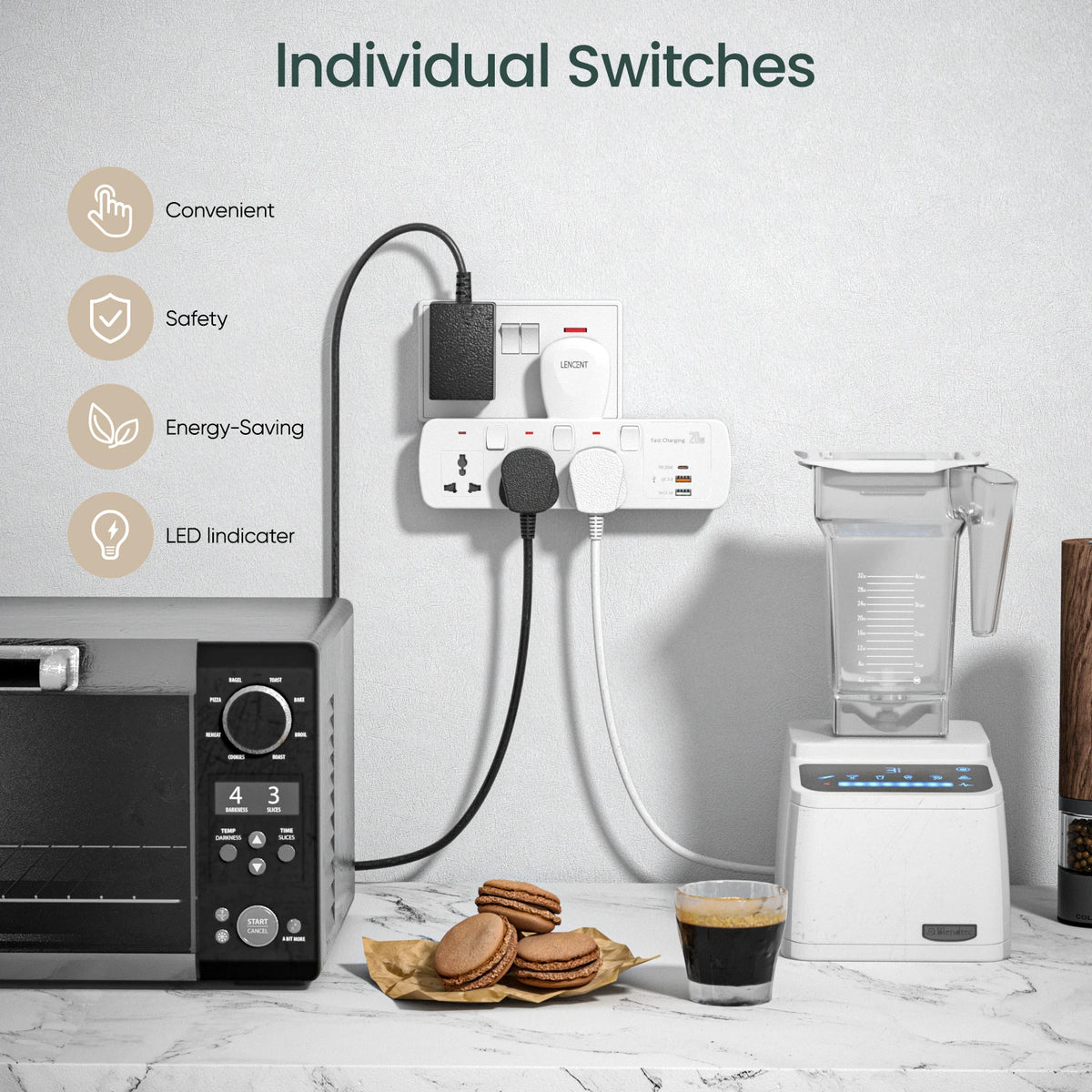 LENCENT Multi Extension Socket with 3 AC Outlet QC 3.0 USB Fast Charging  PD 20W Type C Plug Adapter with Switch for Home Office