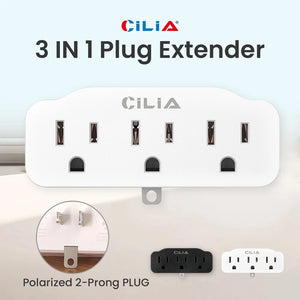 CILIA 3 Outlet Extender Grounded Wall Adapter,outlet splitter,us plug,3AC,125V,15A,1875W，white/black,for home,office electrical
