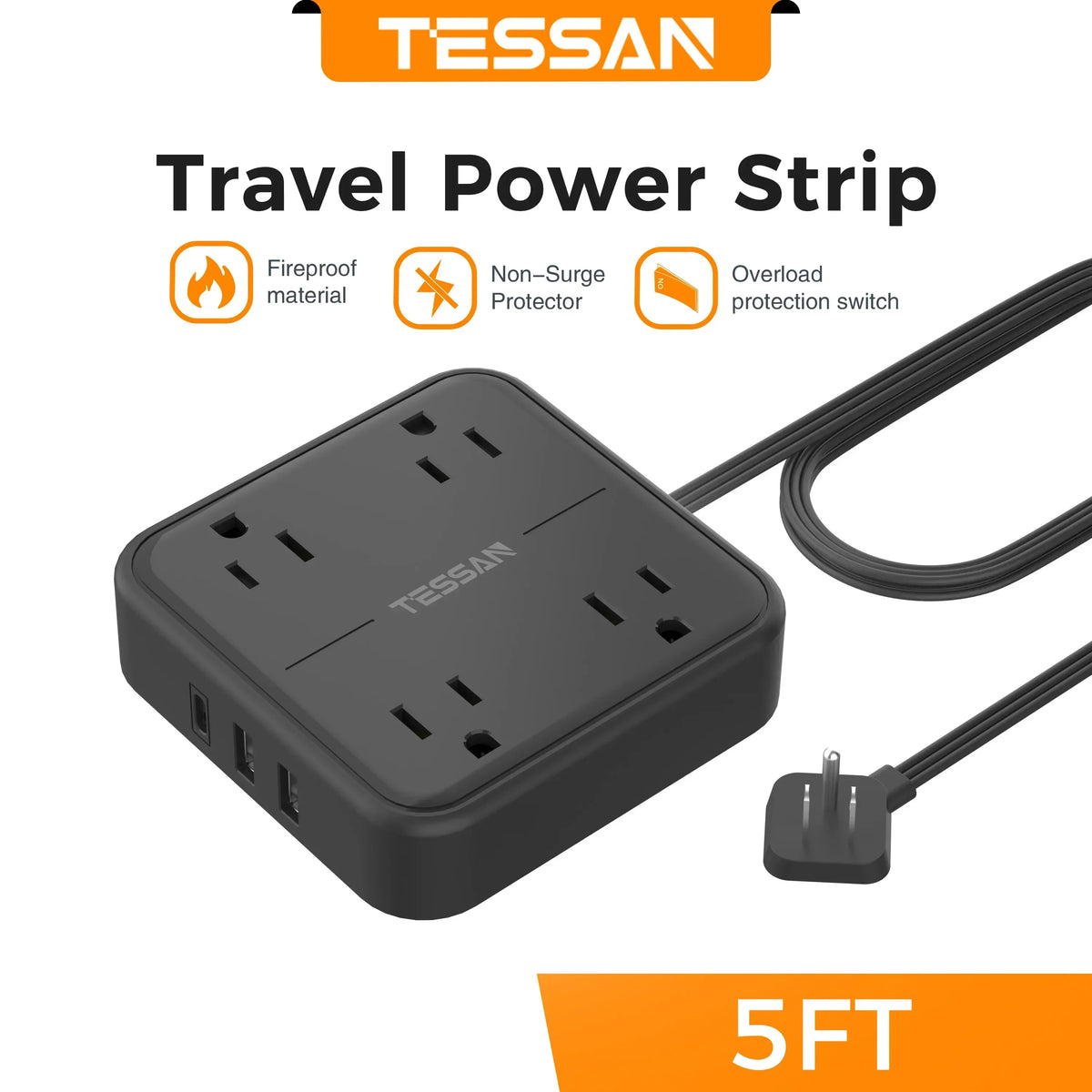 TESSAN Ultra Thin Flat Plug Power Strip Surge Protector with 8 Outlets 3 USB (1 Type-C) 900J Surge Protection Charging Station