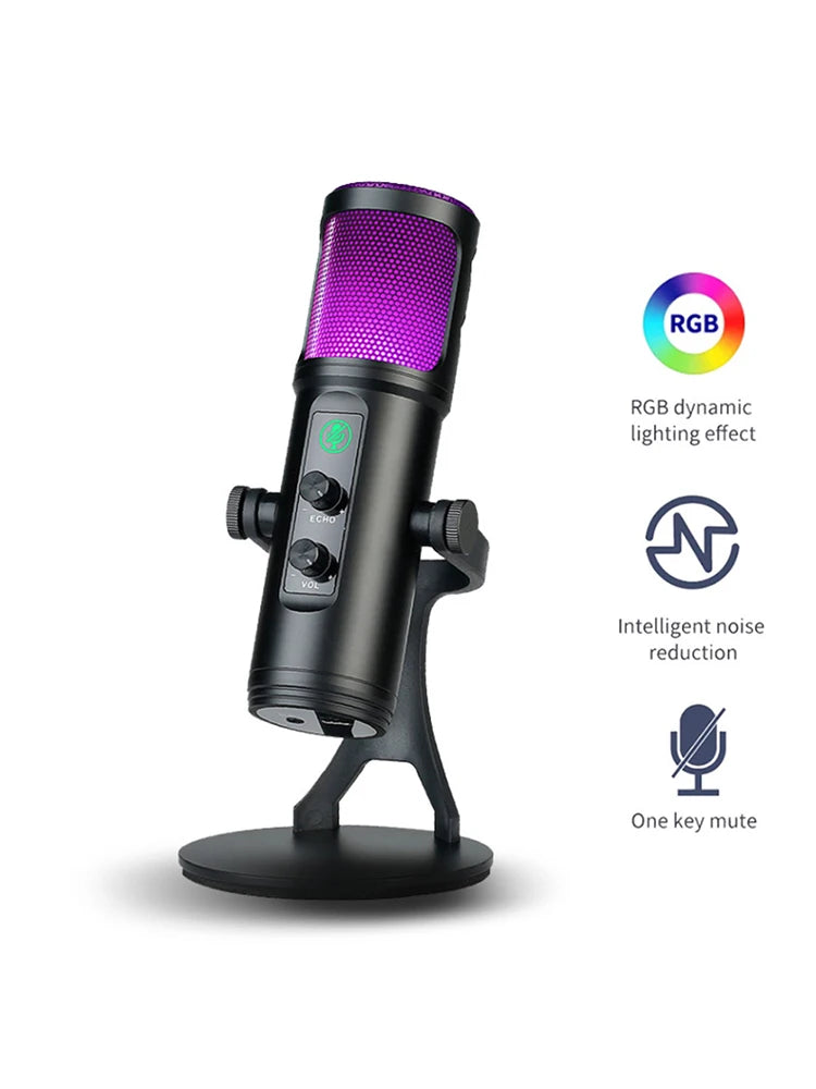USB Microphone for PC Mac Gaming Recording Streaming Podcasting, Computer Condenser RGB Mic with Phone Adapter Headphone Output