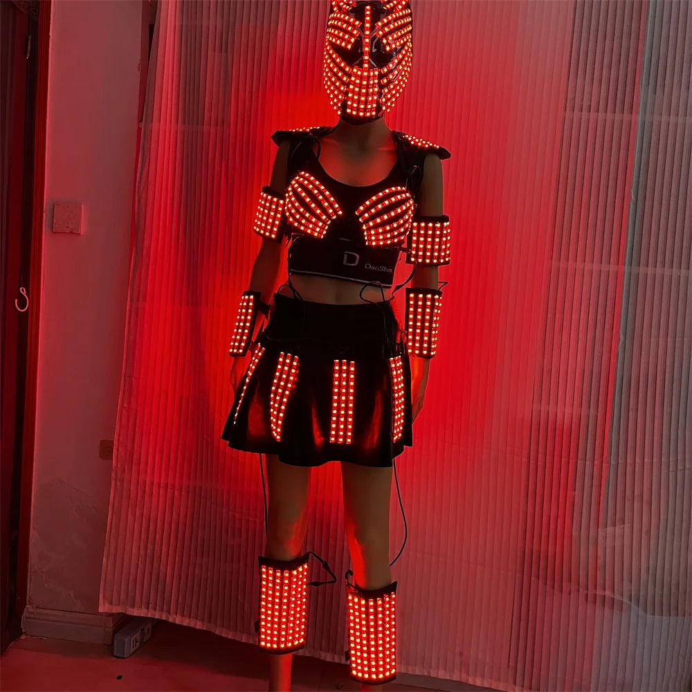 Cool RGB Led Women&#39;s Costume Light Up Wedding Dress Party Skirt DJ Sexy Bra Shoulder Underdress Performance Mask With Long Hairs