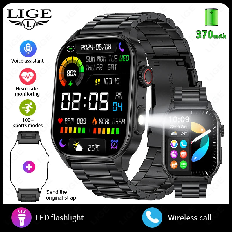 LIGE New Men Smart Watch Flashlight 2.01&quot; HD Large Screen AI Voice Bluetooth Call Sport Watches Health Monitor Smartwatch Women