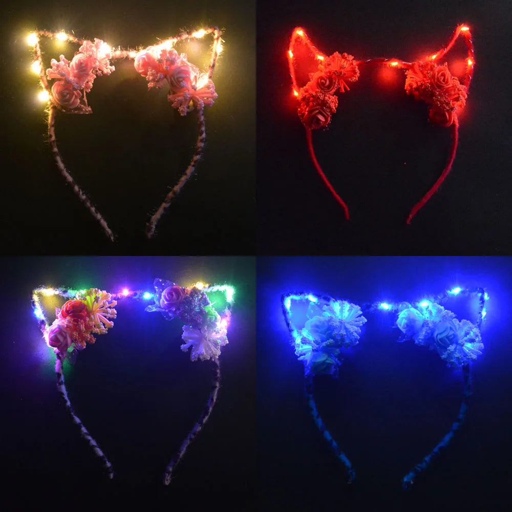 Flower LED Blinking Light Up Devil Headband Leopard Cat Ear Demon Horn Party  Birthday Costum navidad Wedding Festival