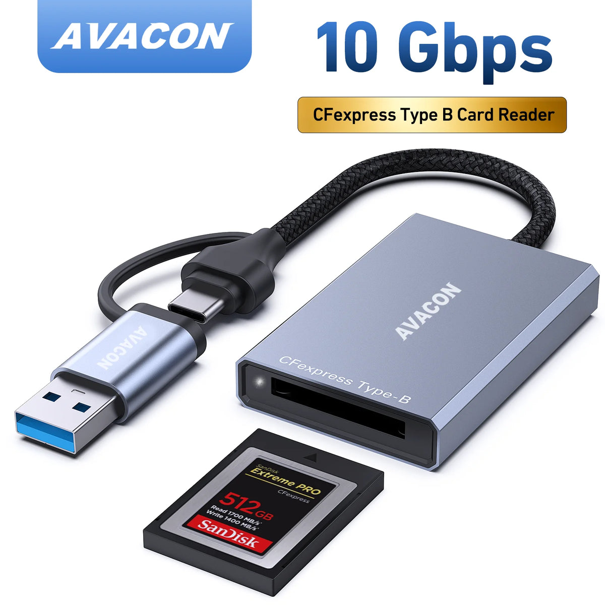 AVACON CFexpress Type B Card Reader with USB 3.2 (Gen 2) 10Gbps, USB-C&amp;USB-A 2-in-1 Type B CFexpress Adapter, Compatible with Wi