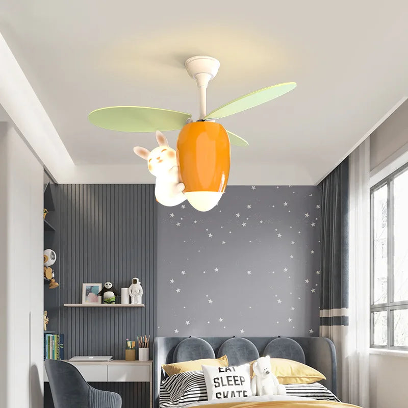 Children&#39;s Room Pendant Light Fan Cute Cartoon Rabbit Carrot Helicopter Shaped Boy And Girl Bedroom Ceiling Fan Lamp