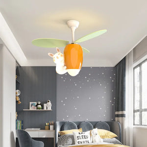 Children's Room Pendant Light Fan Cute Cartoon Rabbit Carrot Helicopter Shaped Boy And Girl Bedroom Ceiling Fan Lamp