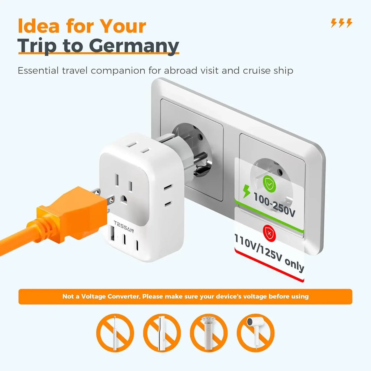 TESSAN US to EU Travel Adapter with 4 AC Outlets 3 USB Ports 7 in 1 Type E/F Plug Adaptor for Spain French Russia Wall Socket