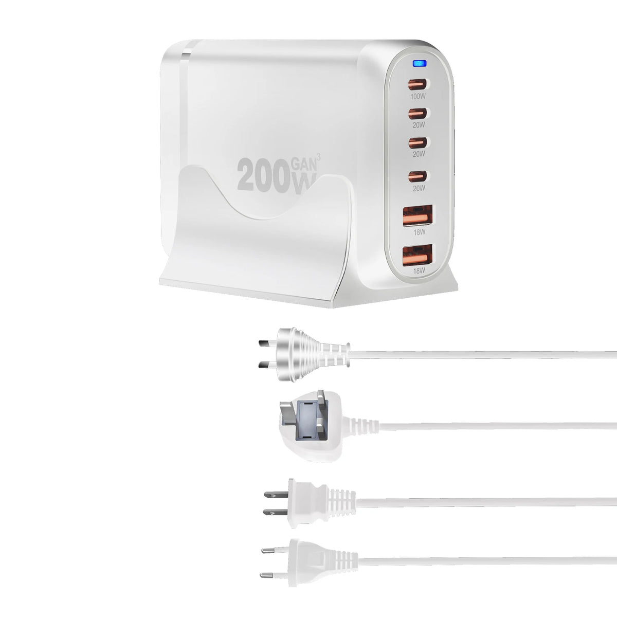 200W High Power USBC Charging Station 6-Port Gan Charger with Holder and 1.5m Power Cord Black and White Color Available