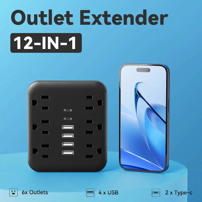 12-in-1 With 6 AC Sockets, 4 USB, 2 Type-C Ports Wall Outlet Extender - Safe, Portable, And Space-Saving Power Solution
