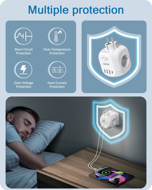 LENCENT EU Plug  Wall Socket Extender with 4 AC Outlets+3 USB +1 Type C 5V/3A Charger Adapter 8-in-1 Socket On/Off Switch