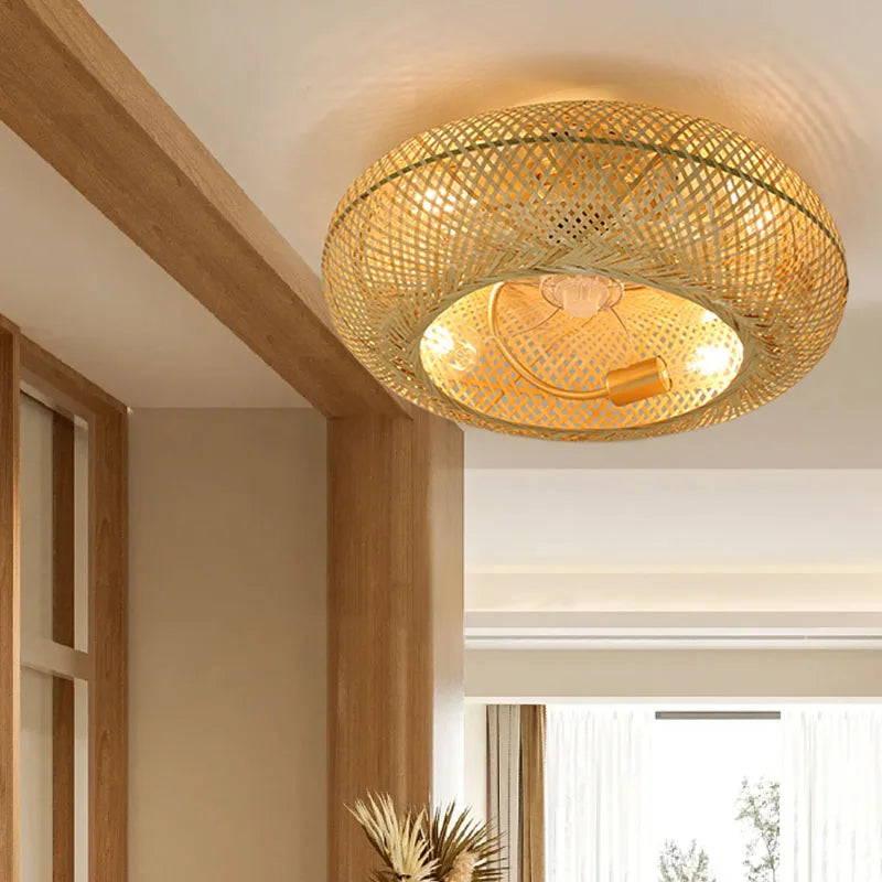 Creative Ceiling Fan with Light Retro Handmade Bamboo Rattan Invisible Fan Lights Modern Ceiling Lamp Inverter Fan Bedroom B&amp;B