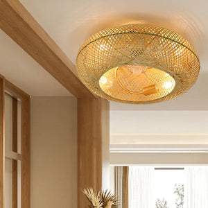 Creative Ceiling Fan with Light Retro Handmade Bamboo Rattan Invisible Fan Lights Modern Ceiling Lamp Inverter Fan Bedroom B&B