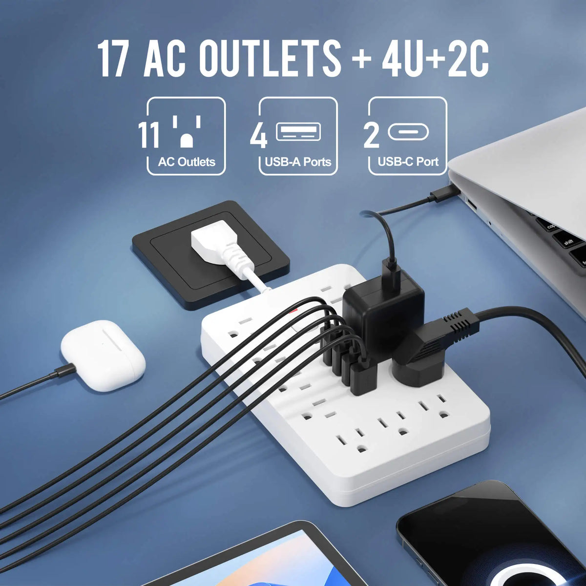 17-in-1 US Power Outlet, Power Outlet Surge Protector, 11 AC Outlets, 4 USB 2 Type-C, Desktop Charging Station with Overload Pro