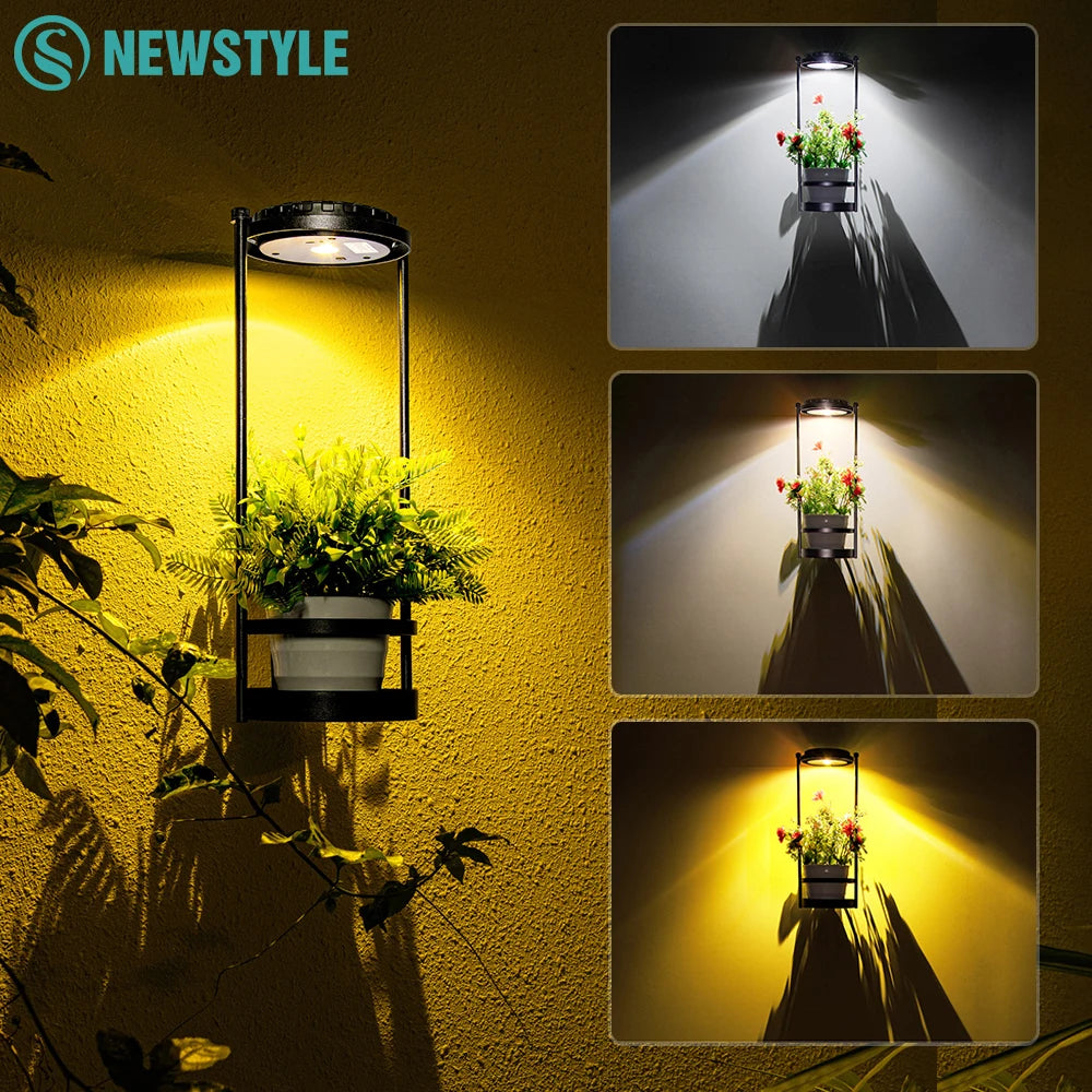 Solar Floor Lamp with Plant Stand Waterproof Outdoor Solar Wall Fence Light 3 Lighting Colors Metal Garden Decor Plant Deck Step