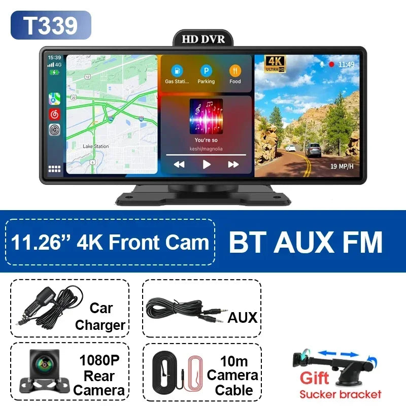 11.26&#39;&#39; inch Car DVR 4K Dash Cam Dual Lens Wireless Carplay &amp; Android Auto Video Recorder Monitor GPS Navigation 5G Wifi FM AUX