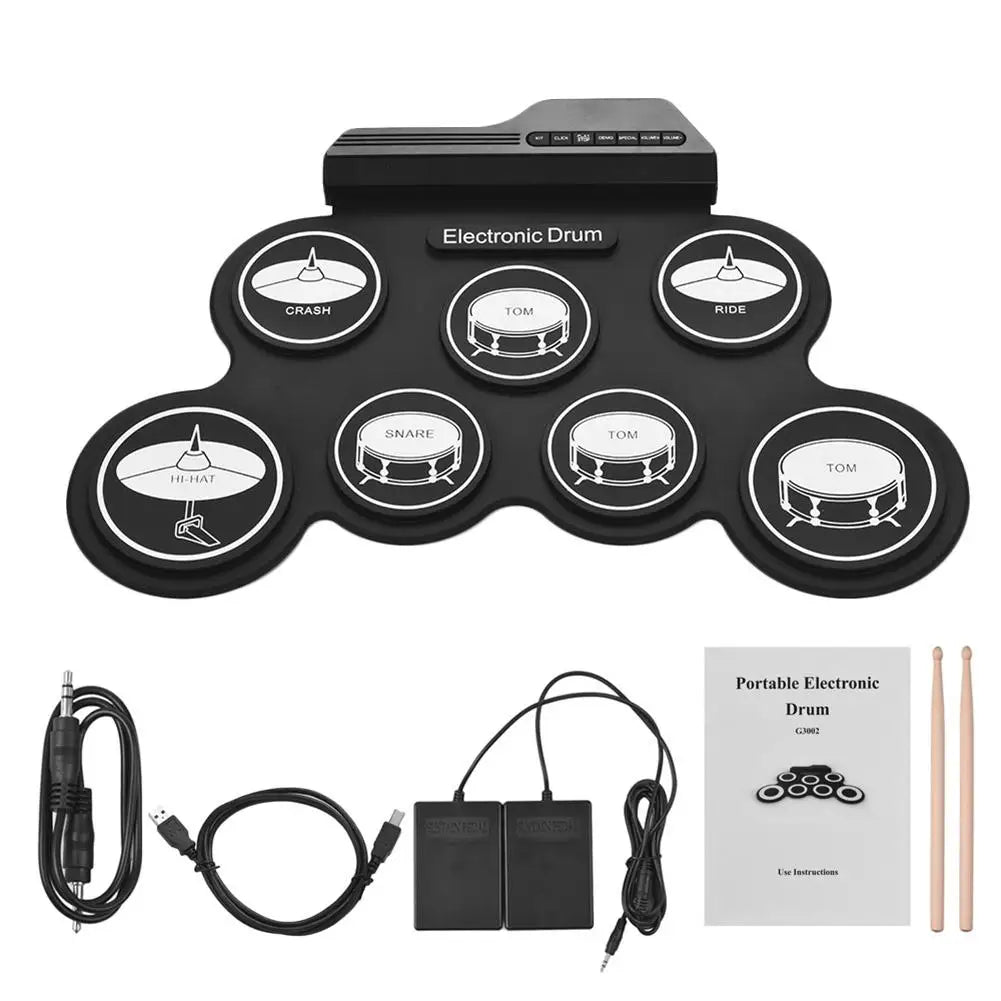 Electronic Drum Set USB Roll-Up Silicon Drums Pad Digital Foldable Electric Portable Compact Size Kit Hand Practice With Pedal