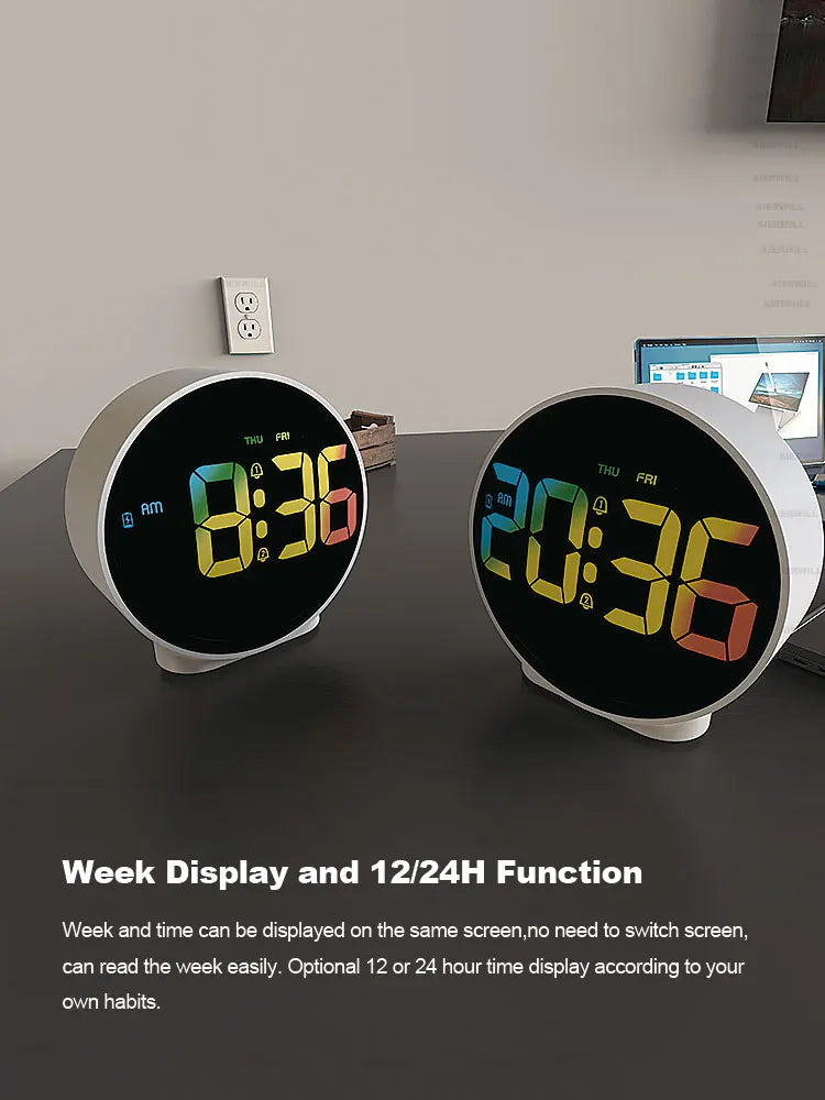 Aierwill N16 Round Alarm Clock with Snooze Calendar 12/24H Week Digital LED Tables Clock for Bedrooms Bedside Desk Shelf