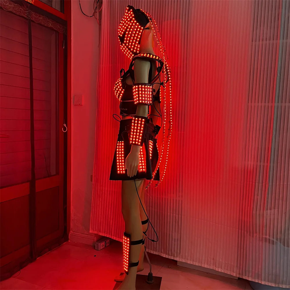 Cool RGB Led Women&#39;s Costume Light Up Wedding Dress Party Skirt DJ Sexy Bra Shoulder Underdress Performance Mask With Long Hairs